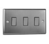 Varilight Rocker Switch XT93D - 3-Gang Triple 2-Way Brushed Steel 91x150x25mm