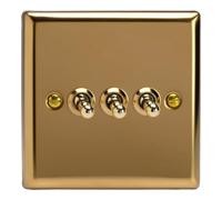 Varilight Toggle Switch XVT3 3-Gang 2-Way Victorian Brass Polished Brass Toggles
