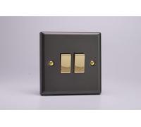 Varilight XY2V.SL Double Light Switch, 10A, 2-Gang, 2-Way, Vogue Slate + Brass Insert