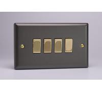 Varilight XY9V.SL Quad Light Switch, 10A, 4-Gang, 2-Way, Vogue Slate + Brass Insert