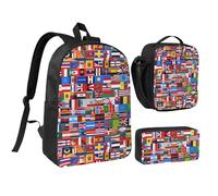 Various Flags 17 Inch Backpack Lunch Bag Pencil Case Set, Cute Print, Durable Oxford Cloth.