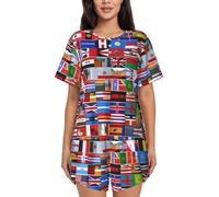 Various flags Women's Short Sleeve Pajamas Set Soft Front Placket 3 Buttons Lounge Wear Print Sleepwear S-4XL, Black, M