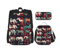 Various Kinds Of Horses Lightweight Backpack For Backpack With Insulated Lunch Tote And Pencil Case Bag Set, Black, One Size