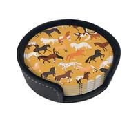 Various Kinds Of Horses,Set of 6 Round Coasters, Pu Leather Drinks Coasters with Holder for Home Office Kitchen