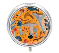 Various Mushrooms Metal Pill Organizer, 3 Compartment Waterproof Pill Case with Mirror for Purse Pocket Bag, Daily Medicine Vitamin Holder, Portable Travel Med Container(Round)