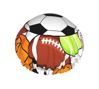 Various sports balls Print Shower Cap - Reusable, Double Layer, Hotel Travel Essentials, Salon Shower Hat Accessories L