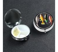 Various Type of Fishing Baits Pill Box with Mirror 3 Compartment Decorative Pill Case for Purse or Pocket Small Round Pill Organizer Weekly Metal Medicine Tablet Vitamin Holder Travel Gift
