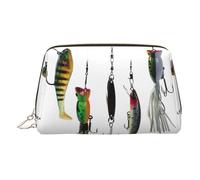 Various Type of Fishing Baits Print Premium Leather Toiletry Travel Pouch with Waterproof Portable Pouch Open Flat Makeup Bag