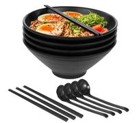 Varku 12 Piece Ramen Bowls Set, Japanese Ramen Spoon Dinnerware Includes 4 Melamine Ramen Bowls, 4 Chopsticks, 4 Spoons, 8.9 in Large Soup Bowl, Anti-Slip Anti-Scald Design, Black