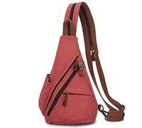 VARLIVOO Men's Sling Bag Chest Bag Women Shoulder Bags Crossbody Bag Travel Hiking Mountaineering Camping Cycling School Canvas Daypack Sling Backpack Rose Red