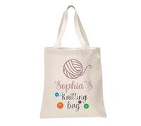 Varsany Personalised Knitting Tote Bag - Place Your Name Crochet Storage Tote Bag, Custom Present for Knitting Lovers, Craft Bag for Grandma or Nan - Mothers Day Knitting Gift (Style 2, Ivory)