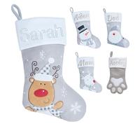 Varsany Premium Personalised Grey Reindeer 1 Christmas Stockings - Matching Custom Xmas Stockings For Pets & Family, Name Dog Holiday Stockings Christmas