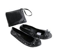 Varsany Roll Up Satin Black Foldable Pumps Flats Ballet Dance After Party Shoes with Foldable Bag