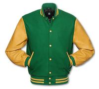 VARSITY JACKET - Classical Original Design - Genuine Wool Body - 100% Real Cowhide Leather Sleeves Letterman Baseball Bomber American USA Vintage Fashion Sports Style Coat (Small, Green & Gold Yellow)