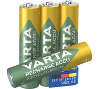 VARTA Batteries AAA, rechargeable, Pack of 4, Recharge Accu Recycled | 800 mAh Ni-MH battery, Size HR03 1.2 V, pre-charged, no memory effect, from 25% recycled material, for Torch