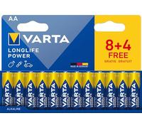VARTA Batteries AA Pack of 12, Longlife Power, Alkaline, 1.5 V, Ideal for Toys, Wireless Mouse, Torches, Plastic-Free Packaging, Made in Germany