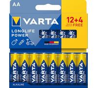VARTA Batteries AA Pack of 16, Longlife Power, Alkaline, 1.5 V, Ideal for Toys, Wireless Mouse, Torches, Plastic-Free Packaging, Made in Germany
