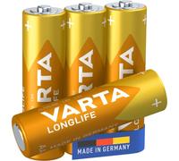 VARTA Batteries AA, Pack of 4, Longlife, Alkaline, 1.5 V | Size LR6, Made in Germany, up to 10-year shelf life, for remote control, wall clock, radio, alarm clock or torch