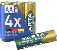 VARTA Batteries AA, rechargeable, Pack of 4, Recharge Accu Power on Demand | 2600 mAh Ni-MH battery, Size HR6 1.2 V, pre-charged, no memory effect, for camera and torch, long-lasting quality