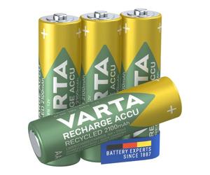 VARTA Batteries AA, rechargeable, Pack of 4, Recharge Accu Recycled, 1.2 V | 2100 mAh Ni-MH battery, Size HR6, pre-charged, no memory effect, from 25% recycled material, LED-Torch