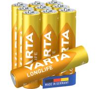 VARTA Batteries AAA, Pack of 10, Longlife, Alkaline, 1.5 V | Size LR03, Made in Germany, up to 10-year shelf life, for remote control, wall clock, radio, alarm clock or torch
