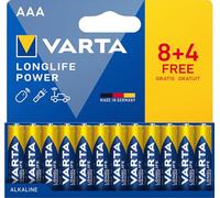 VARTA Batteries AAA Pack of 12, Longlife Power, Alkaline, 1.5 V, Ideal for Toys, Wireless Mouse, Torches, Plastic-Free Packaging, Made in Germany