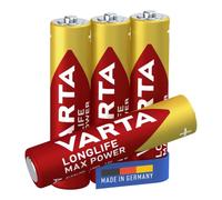 VARTA Batteries AAA, Pack of 4, Longlife Max Power, Alkaline | LR03 1.5 V, Made in Germany, up to 10-year shelf life, for digital camera, flash, games console, controller or GPS