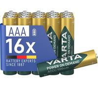 VARTA Power on Demand Rechargeable Battery Ready2Use Pre-Charged AAA Micro 1000 mAh Ni-Mh Battery, Rechargeable without Memory Effect, Ready to Use, Pack of 16
