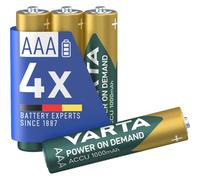 VARTA Batteries AAA, rechargeable, Pack of 4, Recharge Accu Power on Demand | 1000 mAh Ni-MH battery, Size HR03 1.2 V, pre-charged, no memory effect, for camera and torch, compact format
