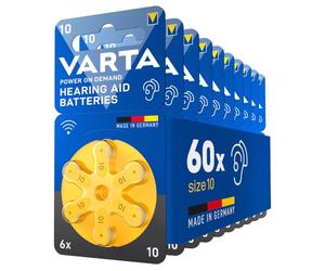 VARTA Hearing Aid Batteries Typ 10 yellow, Pack of 60, 1.45 V | wireless approved for Bluetooth hearing aids, Size p10, zinc air technology, mercury-free, in dispenser, Made in Germany