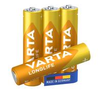 Varta Longlife Extra AAA Alkaline 1.5 Volt Batteries - 4-Pack | Size LR03, Made in Germany, up to 10-year shelf life, for remote control, wall clock, radio, alarm clock or torch