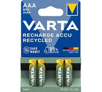 VARTA Recharge Accu Recycled, Ready-To-use pre-charged AAA Micro NiMH rechargeable battery (4-pack, 800 mAh) made of 11% recycled material - without memory effect