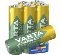 VARTA Recharge Recycled Battery (Rechargeable, Ready-to-Use Pre-Charged AA Mignon NI-MH Battery (2100 mAh), Made from 11 % Recycled Material, without Memory Effect), Pack of 6