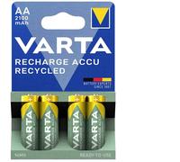 VARTA Batteries AA, rechargeable, pack of 4, Recharge Accu Recycled, Akku, 2100 mAh Ni-MH, made from 21% recycled materials, precharged, ready to use