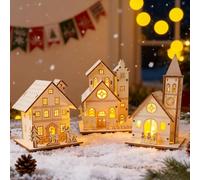 Vartegas Christmas Village with Lighting, Set of 3 DIY Miniature Christmas House, Christmas Decoration Wood Colour, Christmas City Illuminated, Ideal Christmas Decoration Table Room Pendant (A)