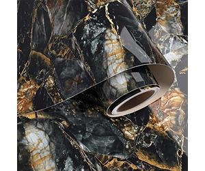 VaryPaper Black Gold Marble Vinyl Wrap for Kitchen Worktop 60cmx400cm Glossy Marble Effect Wallpaper for Living Room Bathroom Waterproof Sticky Back Plastic Fablon for Kitchen Cupboards Shelf Liners