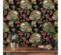 VaryPaper Gothic Style Skull Patterned Wallpaper Self Adhesive Flower Contact Paper 44.5cmx200cm Black Sticky Back Plastic Vintage Floral Wallpaper for Hallway Bedroom Cupboard Vinyl Wrap Shelf Liner