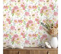 VaryPaper Watercolor Pink Floral Self Adhesive Wallpaper 44.5cmx200cm White Sticky Back Plastic Patterned Flower Wall Paper for Girls Bedroom Living Room Adhesive Shelf Liner Cupboards Furniture Wrap