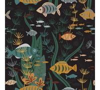 VaryStyle Ocean Fish Wallpaper Underwater World Seagrass/Coral/Fish Peel and Stick Wallpaper Coastal Cartoon Contact Paper for Cabinets Walls 17.7"x118" Removable Dark Wallpaper for Kids Room Bathroom