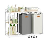 VASAGLE 100 L Laundry Hamper, 2 Compartments, Rolling Cart with Shelves