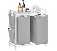 VASAGLE 2-Compartment Laundry Basket, 2 x 46L, Shelf, Metal Frame | Laundry Hamper Sorter, Pull-Out and Removable Laundry Bag, Cloud White and Grey, BRENTA Collection BLH201GZ66