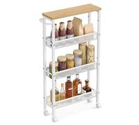 VASAGLE 4-Tier Trolley, Space-Saving Kitchen Cart with Castors, 13 cm Deep, Steel Frame, Handle, Trolley for Small Spaces, Kitchen Bathroom Living Room Studio, Oak Beige and White LRC032W09