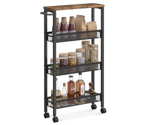 VASAGLE 4-Tier Trolley, Space-Saving Kitchen Cart with Castors, 13 cm Deep, Steel Frame, Handle, Trolley for Small Spaces, Kitchen Bathroom Living Room Studio, Rustic Brown and Black LRC032B01V1