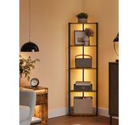 VASAGLE 5-Tier Corner Shelf, Bookcase with Adjustable LED Lights, Storage Shelf with Steel Frame Coffee