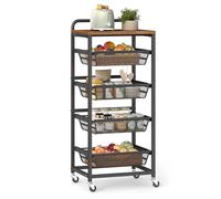 VASAGLE 5-Tier Storage Trolley with Pull-Out Baskets, Kitchen Shelf with Wheels, Handle, 31.7 x 40 x 95 cm, Rustic Brown and Ink Black LRC041K01