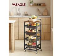 Vasagle 5-Tier Storage Trolley With Pull-Out Baskets, Kitchen Shelf With Wheels, Handle,rustic Brown And Ink Black