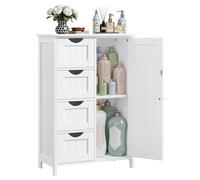 VASAGLE Bathroom Floor Storage Cabinet, Wooden Storage Unit with 4 Drawers, Single Door, Adjustable Shelf, for Living Room, Kitchen, Entryway, White