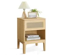 Vasagle Bed Side Table Rattan Drawer 1 Shelf Oak Effect