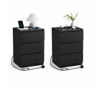 VASAGLE Bedside Table with Charging Station, Set of 2, Side End Tables with 3 Drawers, 2 AC Outlets, 2 USB Ports, Bevelled Drawer Fronts, for Living