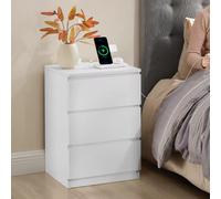 VASAGLE Bedside Table with Power Strip USB Outlets Drawers Modern in White VASAGLE White